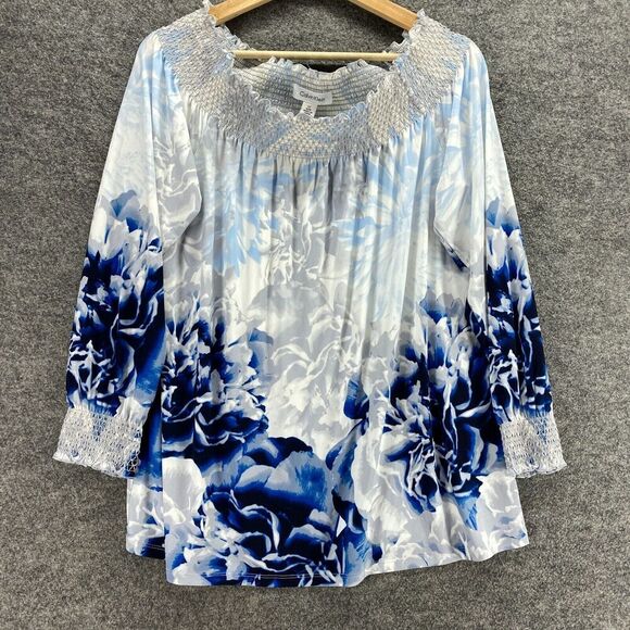 Gildan Tops - Calvin Klein Blouse Women L Large Blue Floral Long Sleeve Round Neck Casual